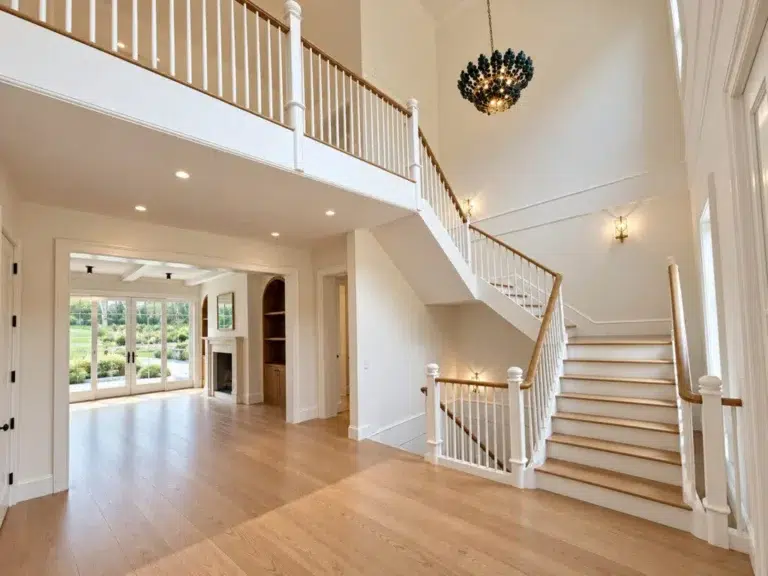 Two-story foyer with an open staircase, oak treads and handrails, white risers and white balusters rising to a balcony in a Sagaponack, NY home