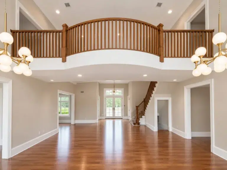 Curved balcony with a stained wood railing and square balusters above a foyer and wood staircase in a Sands Point, NY home